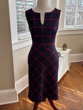 Sleeveless Navy Midi Dress with Burgundy Windowpane